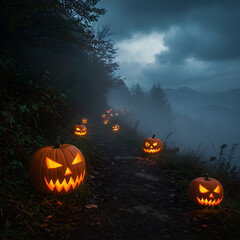 Spooky Lit Jack O Lanterns Lining Mountain Path in Dark Forest at Night