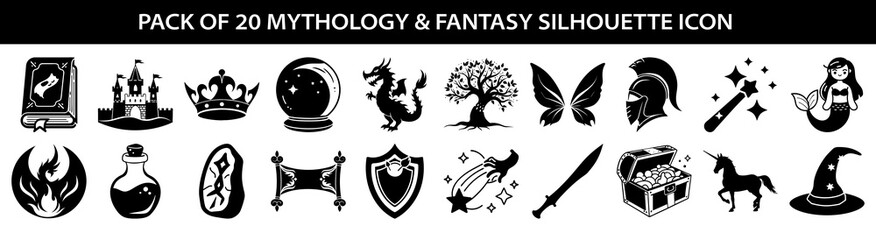 Vector art of collection of 20 mythology and fantasy silhouette icons, including a castle, dragon, unicorn, mermaid, wizard hat, potion, sword, and treasure chest