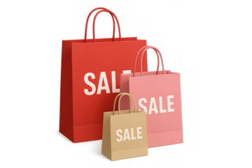 Shopping bags displaying sale text on transparent background