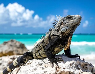 Iguana basks on tropical rock near ocean