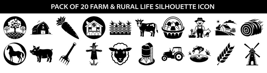 Obraz premium Vector art of pack of 20 farm and rural life silhouette icons including tractor, cow, horse, pig, sheep, barn, windmill, scarecrow, farmer, wheat, carrot, and hay bale