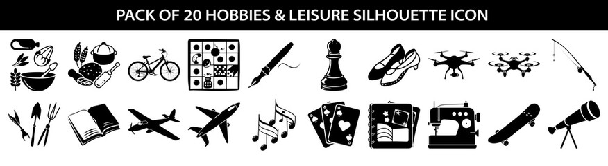 pack of 20 hobbies and leisure silhouette icons, featuring activities like cooking, cycling, chess, flying, and sewing