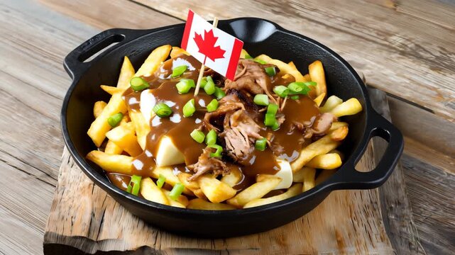 Canadian poutine with french fries, cheese curds, brown gravy, pulled pork and green onions in cast iron pan with Canadian flag, hot steam rising and cinematic camera movement on rustic wooden table