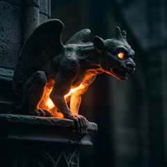 Stone Gargoyle Sculpture with Glowing Eyes and Dark Cathedral Background