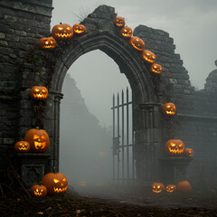 Stone Ruins Arch Decorated with Glowing Jack O Lanterns Under Foggy Sky