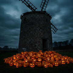 Stone Windmill with Glowing Jack O Lanterns on Dark Field at Dusk