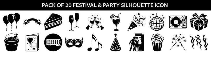 Vector art of pack of 20 festival and party silhouette icons including balloons, cake, champagne, disco ball, dj turntable, gift box, party hat, and more