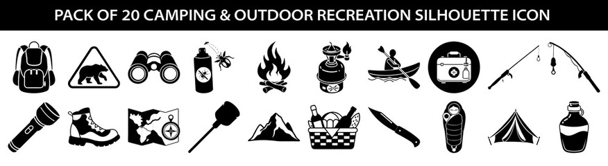 pack of 20 camping and outdoor recreation silhouette icons, , featuring essential gear for hiking, fishing, and wilderness adventures