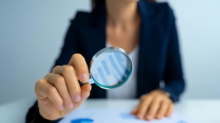 Magnifying glass over blue bar chart on paper for business analysis, finance review, and detailed investment decision making with hand held focus - Powered by Adobe
