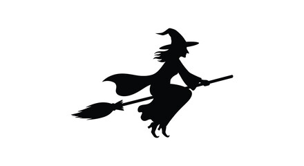 A dark witch flies on a broom with a dramatic silhouette