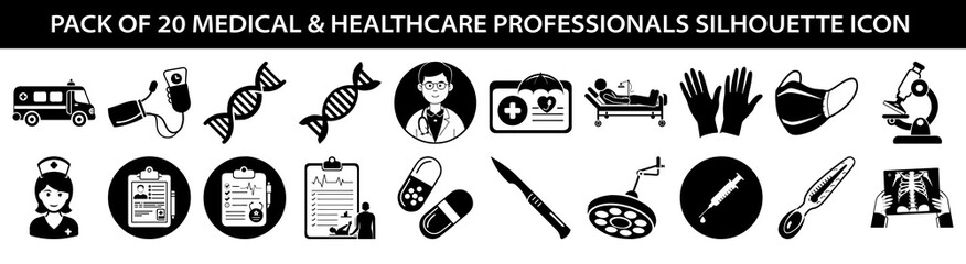 Vector art of pack of 20 medical and healthcare professionals silhouette icons, including ambulance, dna, doctor, patient, surgical tools, and lab equipment