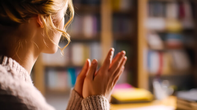 Teacher teaching sign language to a girl in library - Powered by Adobe