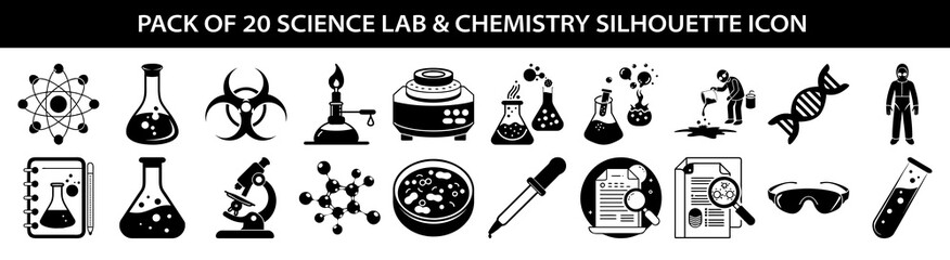 Vector art of collection of 20 science lab and chemistry silhouette icons, including atom, flasks, biohazard, burner, microscope, dna, and scientist