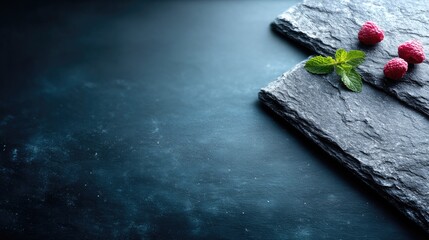 Dark Slate Plates with Raspberries Mint and Sugar Dusting on Black Chalkboard Surface