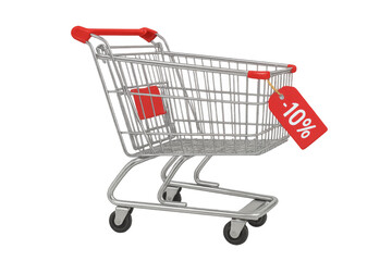 Shopping cart showing ten percent discount tag, transparent background