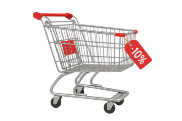 Shopping cart showing ten percent discount tag, transparent background
