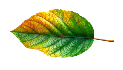 A single leaf, half-yellowed, half-green, displays intricate veining and texture against a black background.  The stem is thin and brown