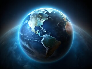 Fototapeta premium Detailed view of planet earth showcasing north and south america with a glowing blue atmosphere effect