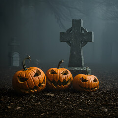 Three Carved Pumpkins in Row Near Gravestone at Night