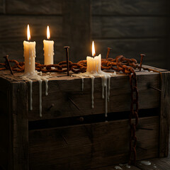 Three Lit Candles Atop Weathered Wooden Crate with Rusty Nails and Chain in Dark Moody Lighting