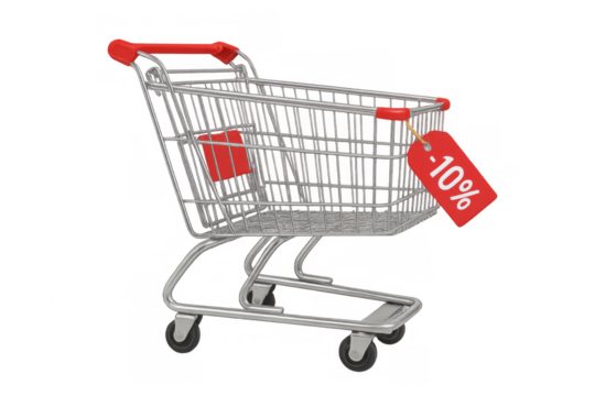 Shopping cart showing ten percent discount tag, transparent background