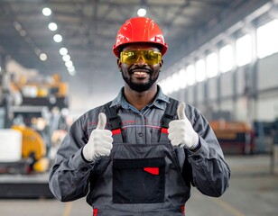 Smiling worker in a factory.  Thumbs up