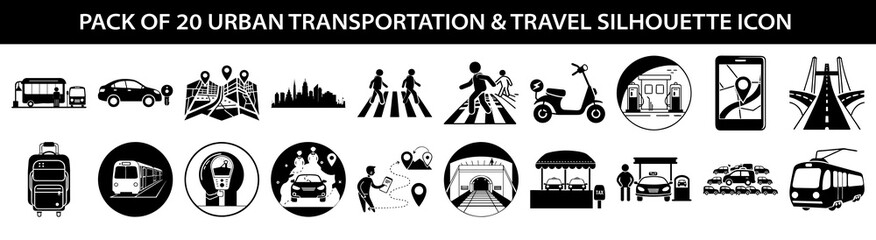 Vector art of pack of 20 urban transportation and travel silhouette icons including bus, car, people, cityscape, crosswalk, scooter, gps, road, suitcase, tram, and more