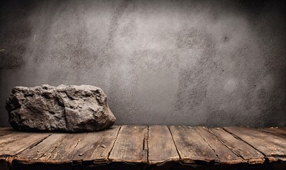 Close-Up of a Rustic Gray Rock on Weathered Wooden Planks Against Textured Gray Wall