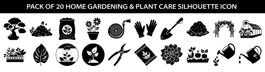 Vector art of collection of 20 home gardening and plant care silhouette icons, including trees, plants, tools, and greenhouse