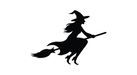A dark image of a witch flying on a broomstick silhouette