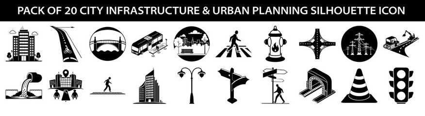 Vector art of pack of 20 city infrastructure and urban planning silhouette icons, including buildings, roads, bridges, traffic lights, and pedestrians