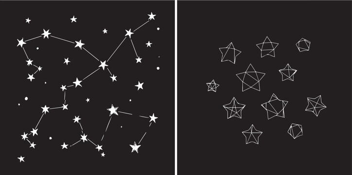 Hand-drawn Celestial Stars and Geometric Star Outlines on a Dark Sky Background