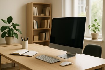 Fototapeta premium Modern workspace with blank computer screen and minimal desk setup in bright home office interior with natural light and organized wooden shelves.