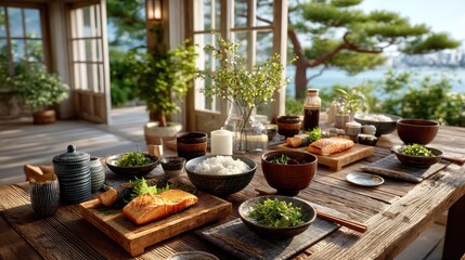 Delicious Japanese Cuisine on Rustic Wooden Table Overlooking Scenic Ocean View with Greenery Outdoors Cinematic HDR