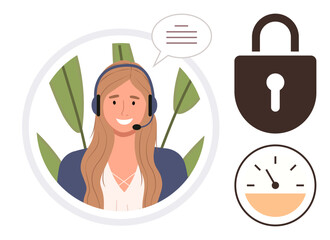 Smiling customer service agent with headset and speech bubble, padlock representing security, and gauge symbolizing performance. Ideal for communication, support, technology, safety, efficiency