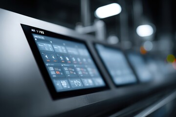 Fototapeta premium Close-up AI-driven monitoring system screen above automated food production conveyor displaying quality control and safety data in real-time perfect for future-ready manufacturing branding