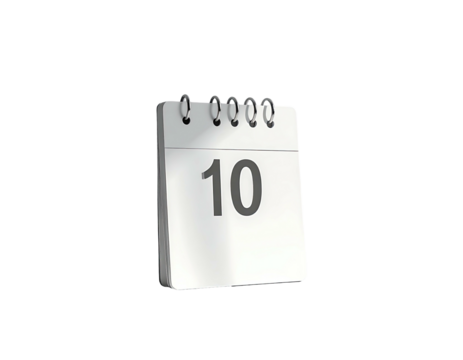 A 3D rendering of a small, white, spiral-bound desk calendar showing the number ten