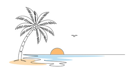 Fototapeta premium A serene tropical beach scene unfolds with a solitary palm tree overlooking the ocean as the sun sets with a single bird in flight.
