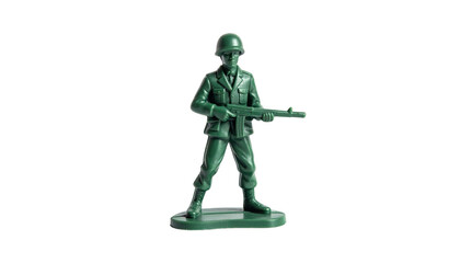 A classic green plastic toy soldier, standing at attention, holding a rifle, posed on a small base