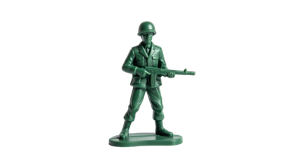 A classic green plastic toy soldier, standing at attention, holding a rifle, posed on a small base