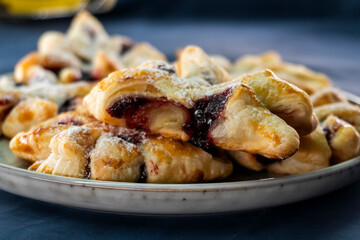 Puff pastry flower with jam filling. Baking. Desserts. Food concept.
