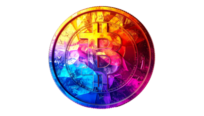 A vibrant, multifaceted Bitcoin symbol, rendered in jewel-toned colors, resembling a gemstone coin with a metallic border against a black background