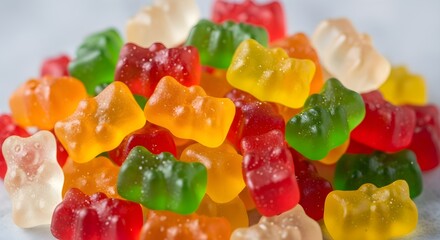 A colorful pile of gummy bears in red, orange, yellow, green, and white, showcasing the playful, chewy, and sweet appeal of this classic candy favorite enjoyed by kids and adults alike.

