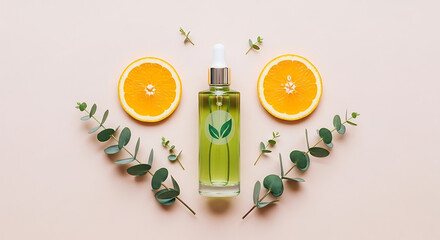 Bottle of green liquid with orange slices and eucalyptus on light background
