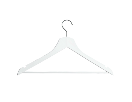 White wooden clothes hanger with a dark hook, gently curved shoulders, and a flat bar