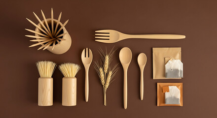 Arrangement of wooden kitchenware and tea bags on brown background