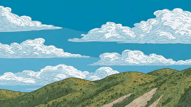 colorful cartoon landscape featuring rolling green hills, clear blue sky, and fluffy white clouds