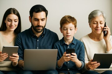 Multigenerational family using digital devices together on sofa with light background in modern home setting, showing technology across ages. Ai generative