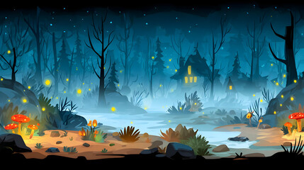 forest at twilight with glowing mushrooms, fireflies, and misty magical atmosphere