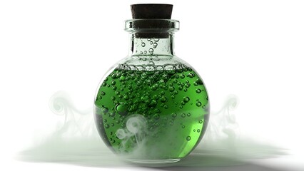 A creepy green bubbling potion, reminiscent of a mysterious swamp concoction, held within a round glass bottle and shrouded in eerie mist, isolated on a stark white background